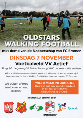 OLD STARS WALKING FOOTBALL FC EMMEN voetballen dinsdag 7 november in Eelde op veld van vv Actief